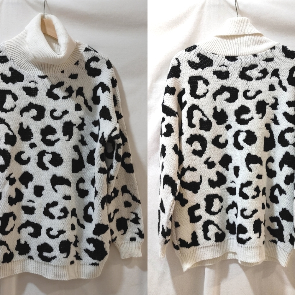 Cotton Emporium Turtleneck Tunic Long Sleeve Sweater Snow‎ Leopard Medium M